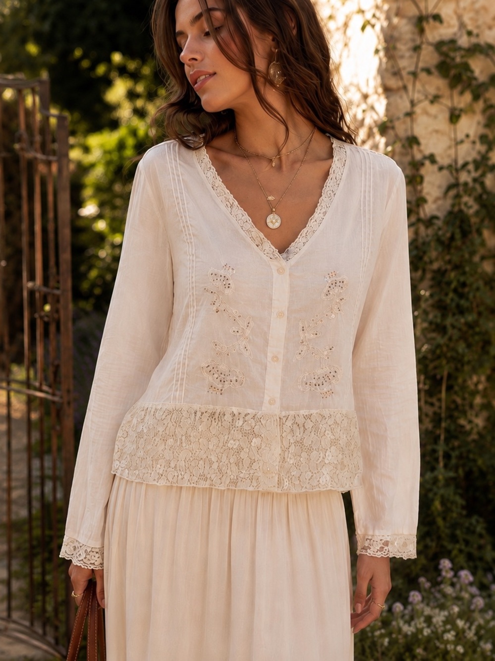 Vintage Romantic Boho Lace Trim Embroidered Cotton Blouse Cottagecore Fairycore